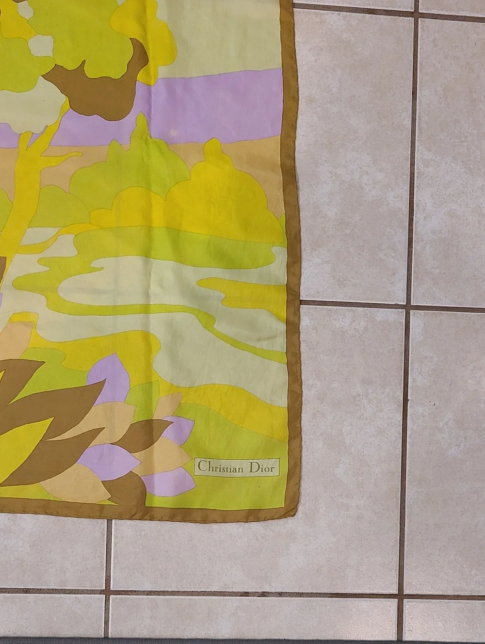 Christian Dior Vintage Floral Silk Scarf Brown Green Yellow Lavender Luxe